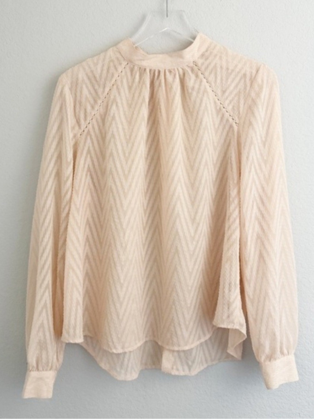 FREE PEOPLE After Midnight Pink Cream Chevron-Textured Long Sleeve Sheer Blouse